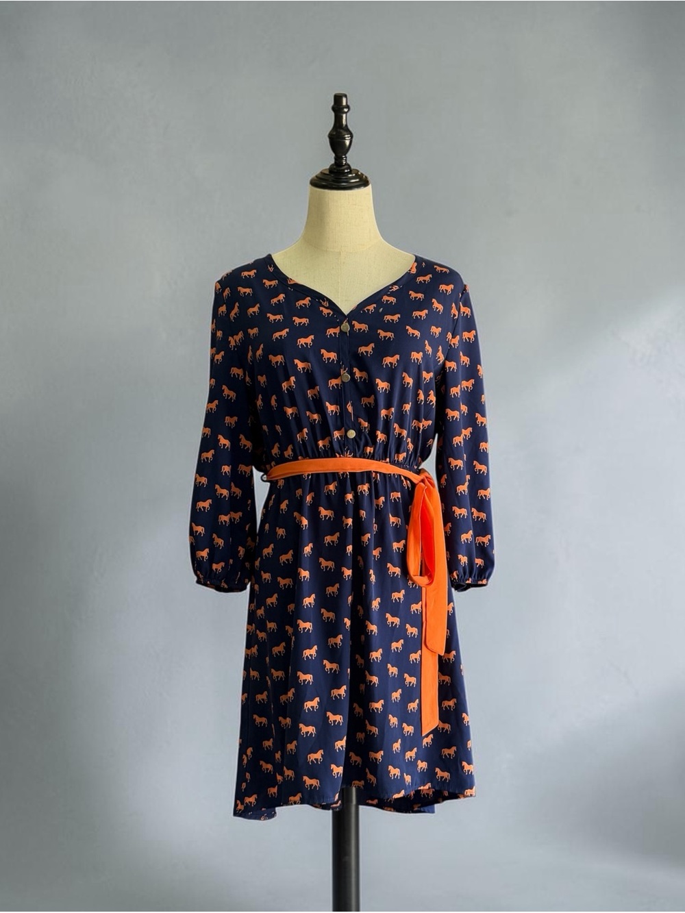 Pink Owl Equestrian Print Hi-Low Dress - Navy Blue & Orange - Size Medium